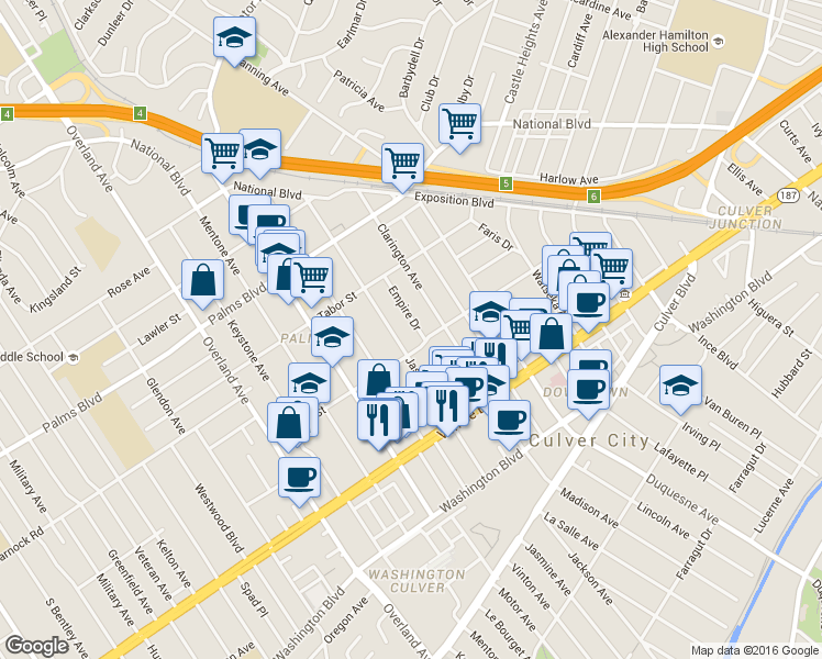 map of restaurants, bars, coffee shops, grocery stores, and more near 3664 Jasmine Avenue in Los Angeles