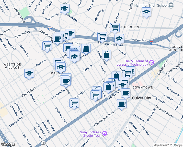 map of restaurants, bars, coffee shops, grocery stores, and more near 3645 Vinton Avenue in Los Angeles
