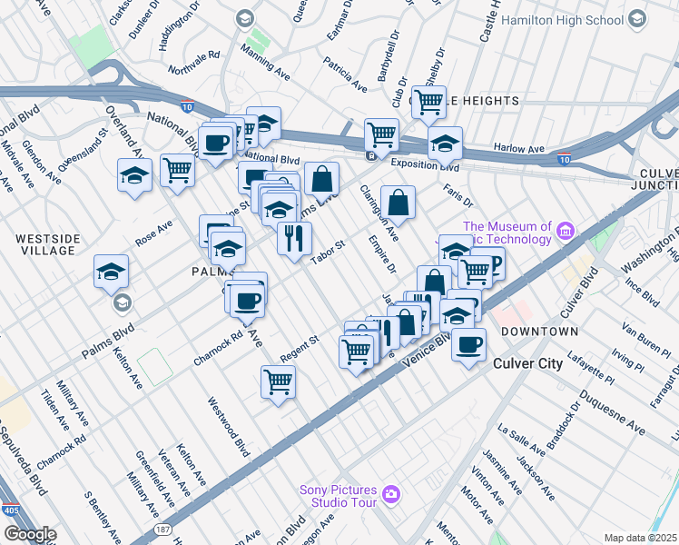 map of restaurants, bars, coffee shops, grocery stores, and more near 3645 Vinton Avenue in Los Angeles