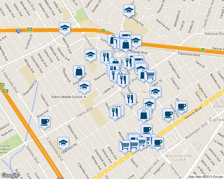 map of restaurants, bars, coffee shops, grocery stores, and more near 10740 Lawler Street in Los Angeles