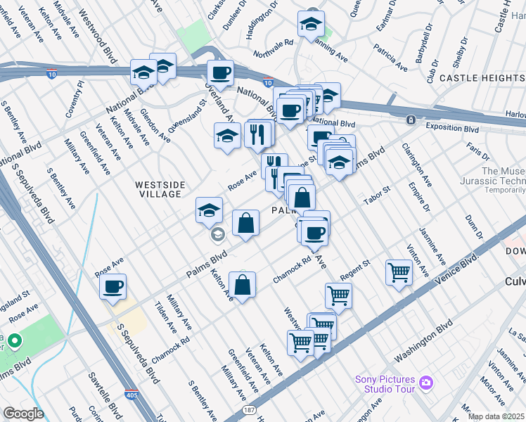 map of restaurants, bars, coffee shops, grocery stores, and more near 10740 Lawler Street in Los Angeles
