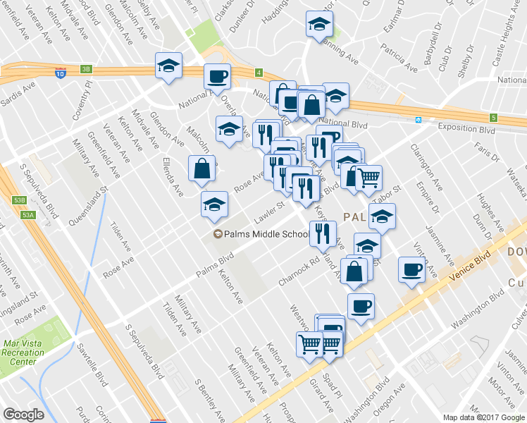 map of restaurants, bars, coffee shops, grocery stores, and more near 10740 Lawler Street in Los Angeles