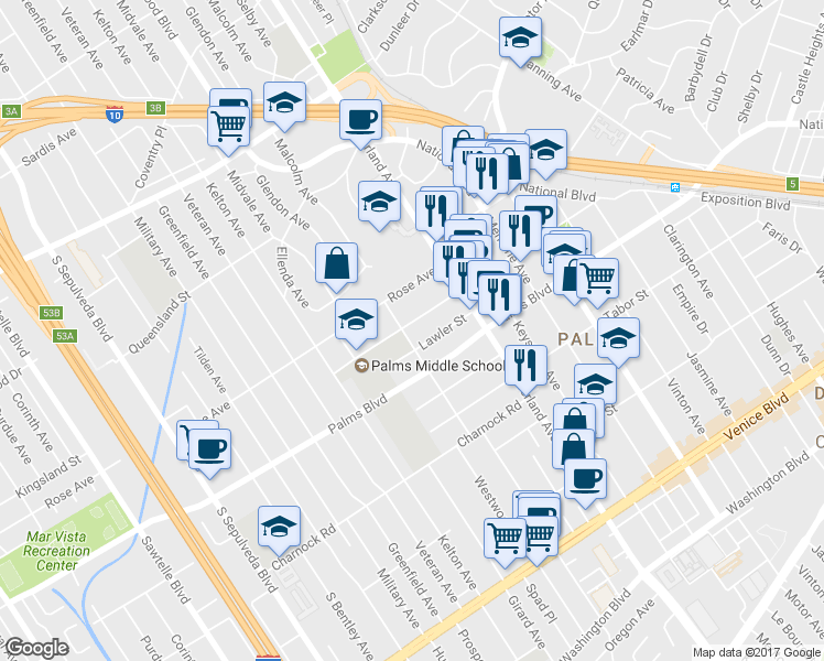 map of restaurants, bars, coffee shops, grocery stores, and more near 3406 Glendon Avenue in Los Angeles