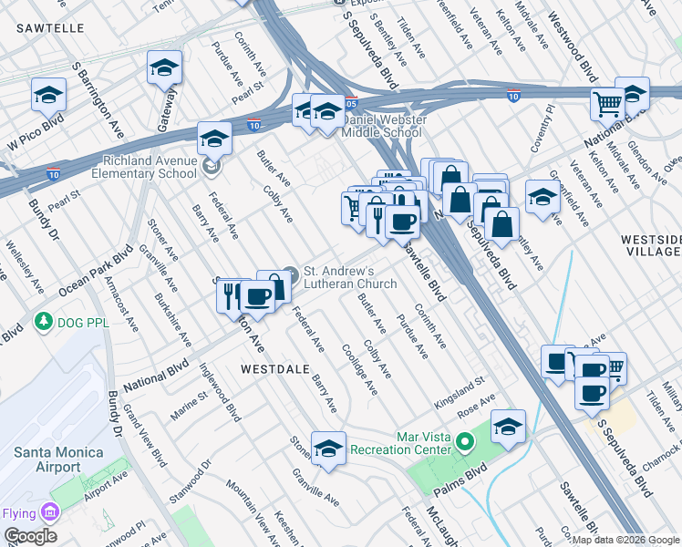 map of restaurants, bars, coffee shops, grocery stores, and more near 11428 National Boulevard in Los Angeles