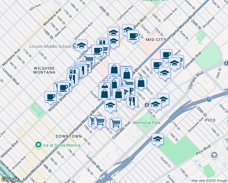 map of restaurants, bars, coffee shops, grocery stores, and more near 1422 Santa Monica Boulevard in Santa Monica