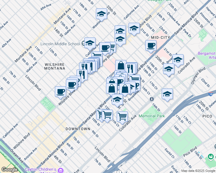 map of restaurants, bars, coffee shops, grocery stores, and more near 1338 14th Street in Santa Monica