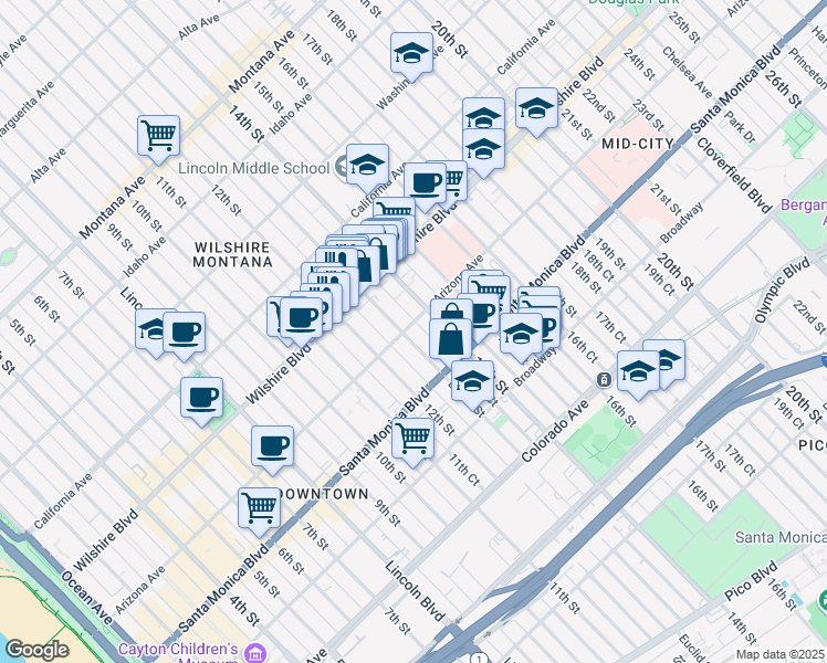map of restaurants, bars, coffee shops, grocery stores, and more near 1314 Euclid Street in Santa Monica