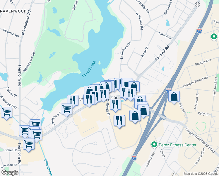 map of restaurants, bars, coffee shops, grocery stores, and more near in Columbia