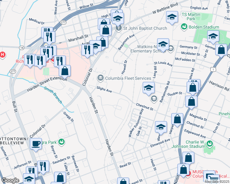 map of restaurants, bars, coffee shops, grocery stores, and more near 2073 Slighs Avenue in Columbia
