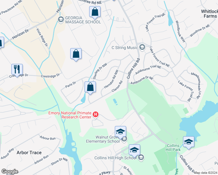 map of restaurants, bars, coffee shops, grocery stores, and more near 2593 Herndon Road Northwest in Lawrenceville