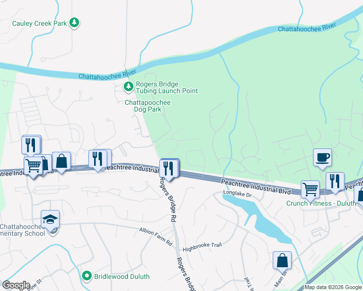 map of restaurants, bars, coffee shops, grocery stores, and more near 2508 Summit Cove Drive in Duluth