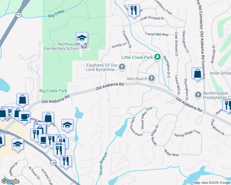 map of restaurants, bars, coffee shops, grocery stores, and more near 119 Weatherburne Drive in Roswell