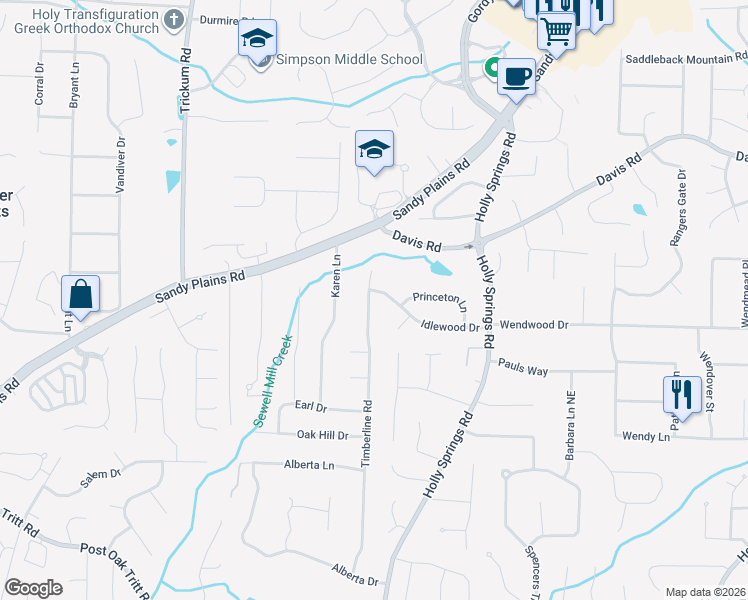 map of restaurants, bars, coffee shops, grocery stores, and more near 2710 Idlewood Drive in Marietta