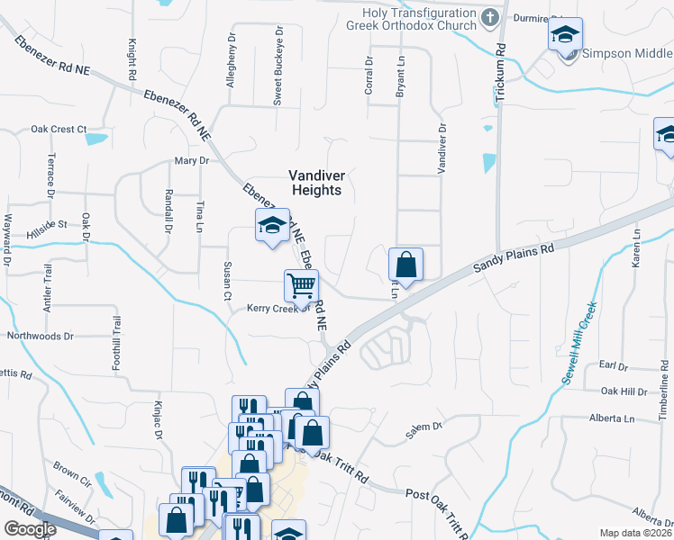 map of restaurants, bars, coffee shops, grocery stores, and more near 2106 Boyce Circle in Marietta