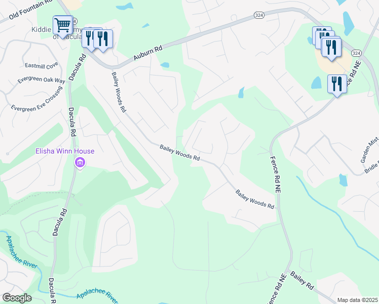 map of restaurants, bars, coffee shops, grocery stores, and more near 3087 Overlook Hill Pass in Dacula