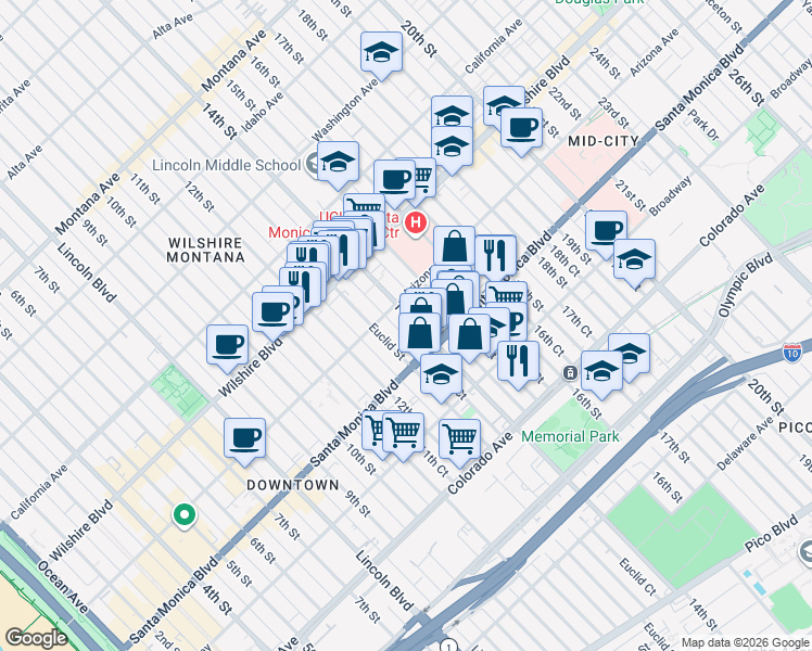 map of restaurants, bars, coffee shops, grocery stores, and more near 1338 14th Street in Santa Monica