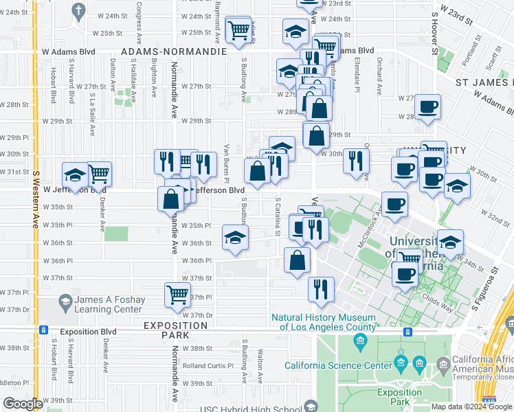 map of restaurants, bars, coffee shops, grocery stores, and more near 3425 Walton Avenue in Los Angeles