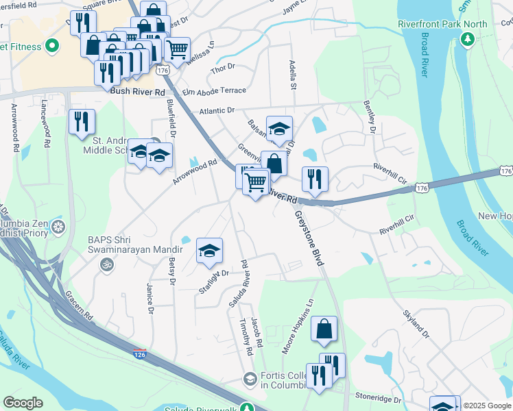 map of restaurants, bars, coffee shops, grocery stores, and more near 1013 Broad River Road in Columbia