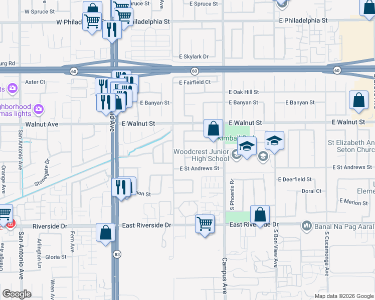 map of restaurants, bars, coffee shops, grocery stores, and more near 2726 South Pleasant Avenue in Ontario