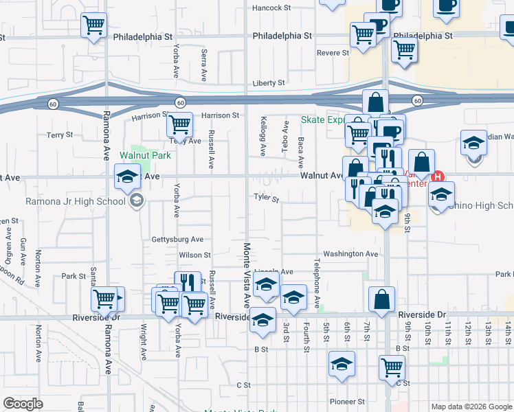 map of restaurants, bars, coffee shops, grocery stores, and more near 12602 Kellogg Avenue in Chino