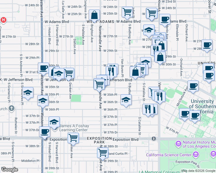 map of restaurants, bars, coffee shops, grocery stores, and more near 1352 West 35th Street in Los Angeles
