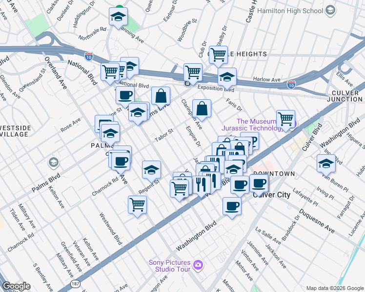 map of restaurants, bars, coffee shops, grocery stores, and more near 3664 Jasmine Avenue in Los Angeles