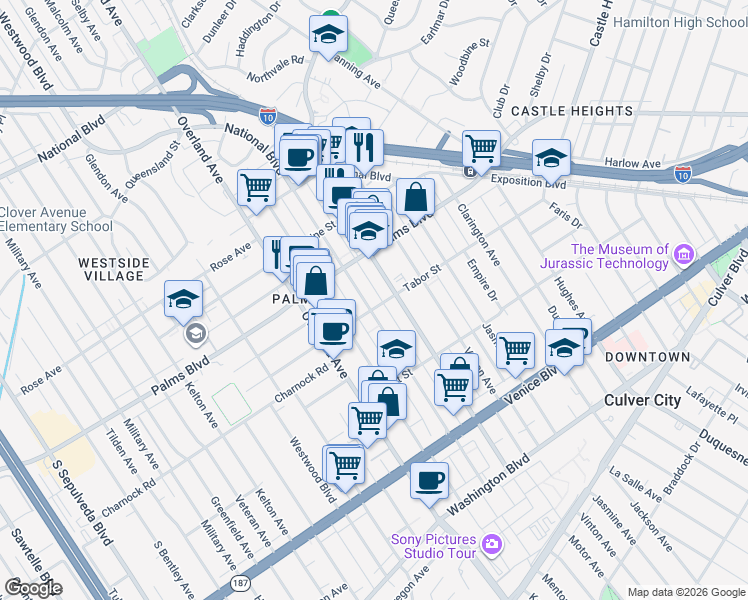 map of restaurants, bars, coffee shops, grocery stores, and more near 3568 Mentone Avenue in Los Angeles