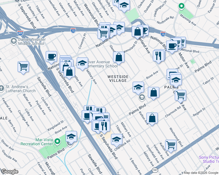 map of restaurants, bars, coffee shops, grocery stores, and more near 3284 Greenfield Avenue in Los Angeles