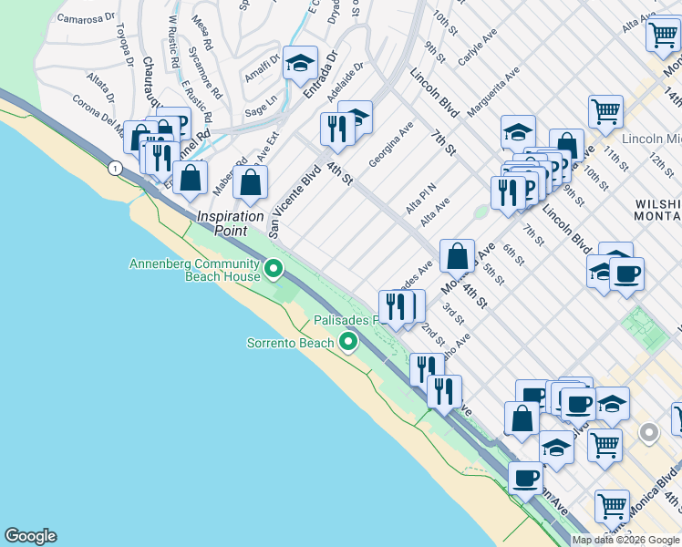 map of restaurants, bars, coffee shops, grocery stores, and more near in Santa Monica