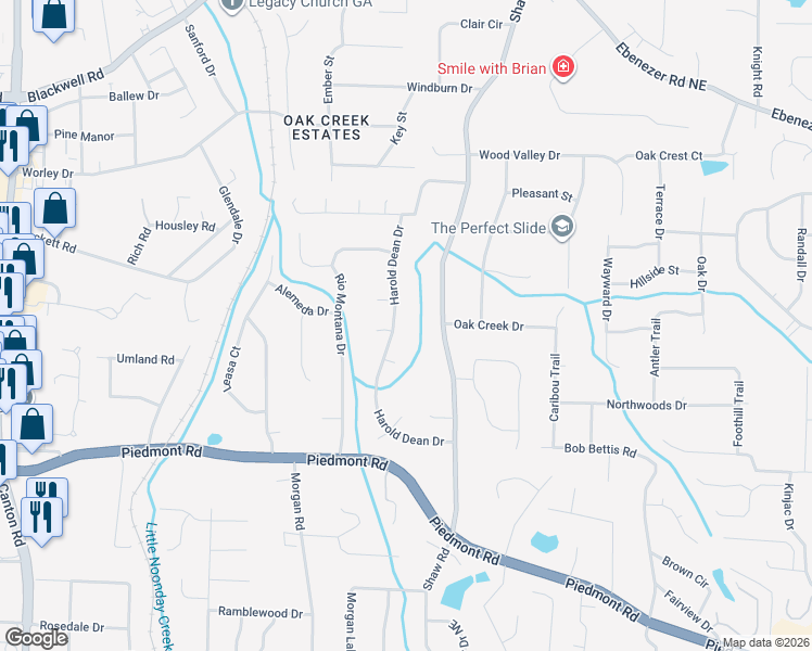 map of restaurants, bars, coffee shops, grocery stores, and more near 2998 Harold Dean Drive in Marietta