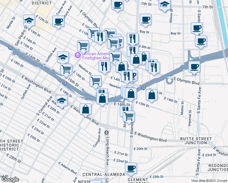 map of restaurants, bars, coffee shops, grocery stores, and more near 1475 Long Beach Avenue in Los Angeles