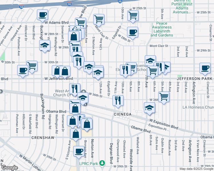map of restaurants, bars, coffee shops, grocery stores, and more near 3446 Edgehill Drive in Los Angeles