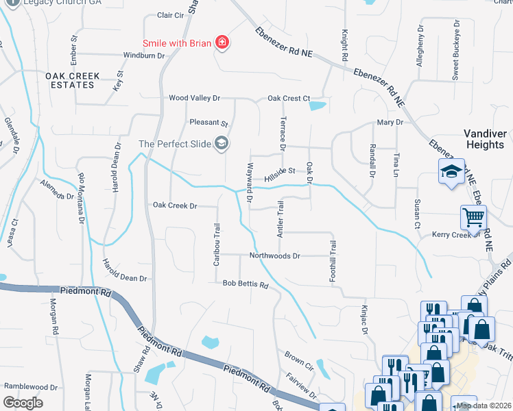 map of restaurants, bars, coffee shops, grocery stores, and more near 1635 Trails Way in Marietta