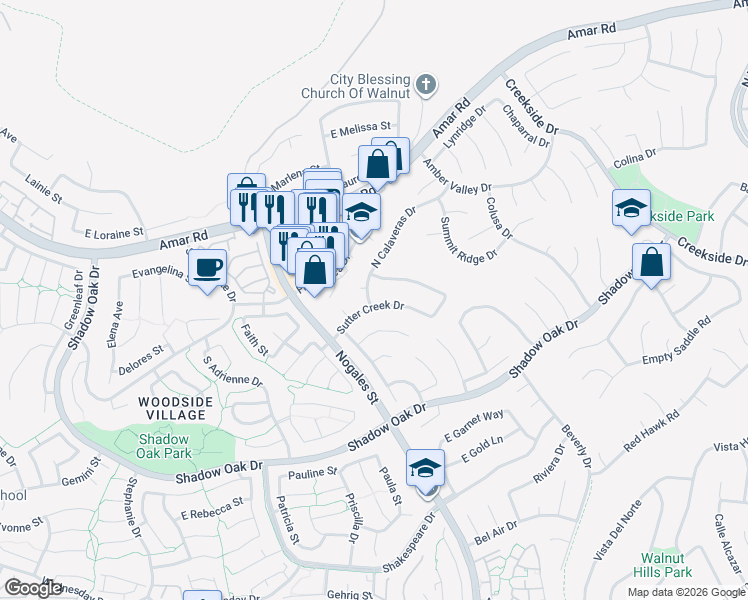 map of restaurants, bars, coffee shops, grocery stores, and more near 18845 Sutter Creek Drive in Walnut