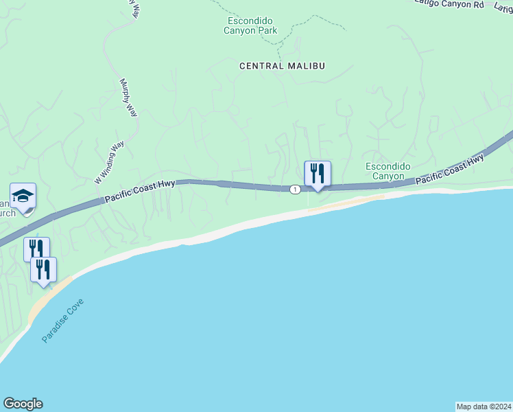 map of restaurants, bars, coffee shops, grocery stores, and more near 27540 Pacific Coast Highway in Malibu
