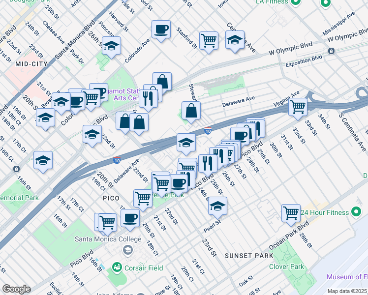 map of restaurants, bars, coffee shops, grocery stores, and more near 2423 Virginia Avenue in Santa Monica