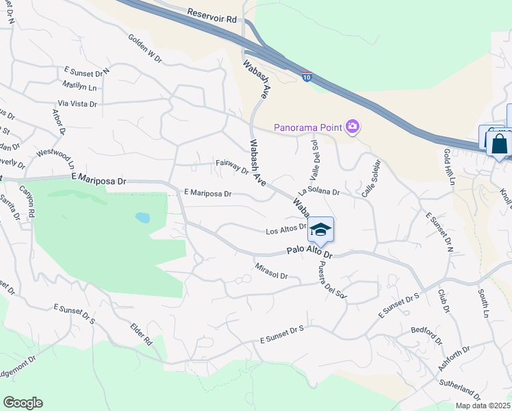 map of restaurants, bars, coffee shops, grocery stores, and more near 652 East Mariposa Drive in Redlands