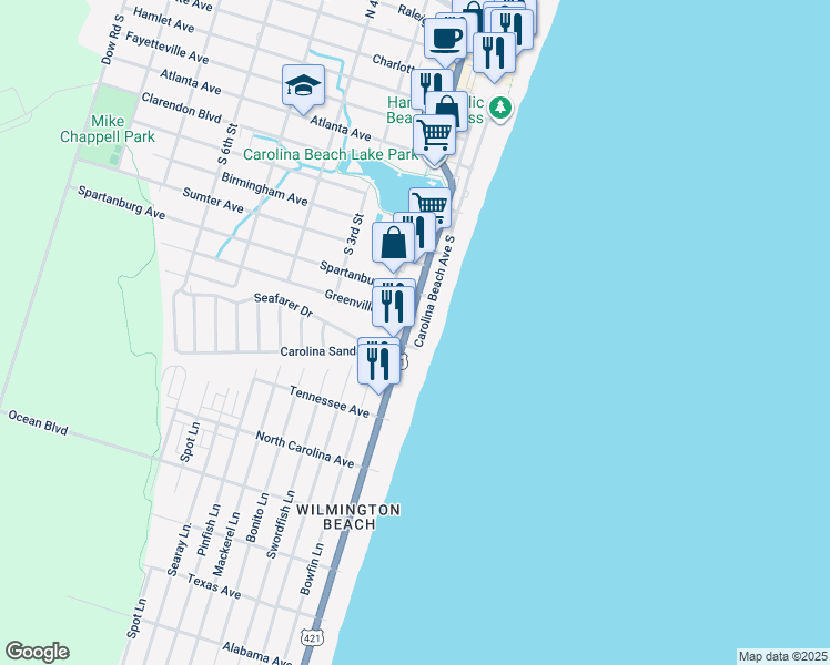 map of restaurants, bars, coffee shops, grocery stores, and more near 1004 Carolina Beach Avenue South in Carolina Beach