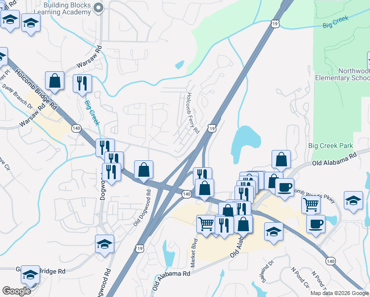 map of restaurants, bars, coffee shops, grocery stores, and more near 136 Old Ferry Way in Roswell