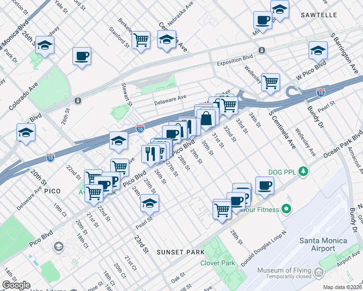 map of restaurants, bars, coffee shops, grocery stores, and more near 2830 Pico Boulevard in Santa Monica