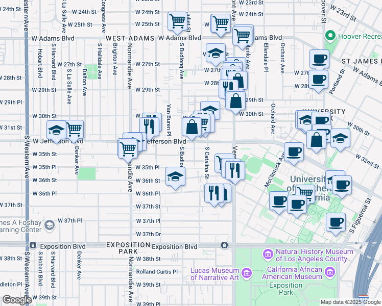 map of restaurants, bars, coffee shops, grocery stores, and more near 3425 Walton Avenue in Los Angeles