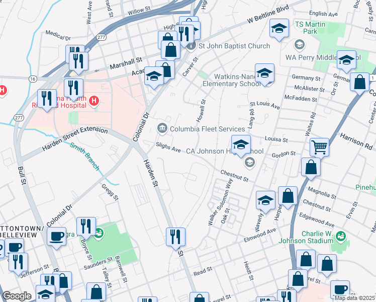 map of restaurants, bars, coffee shops, grocery stores, and more near 2073 Slighs Avenue in Columbia