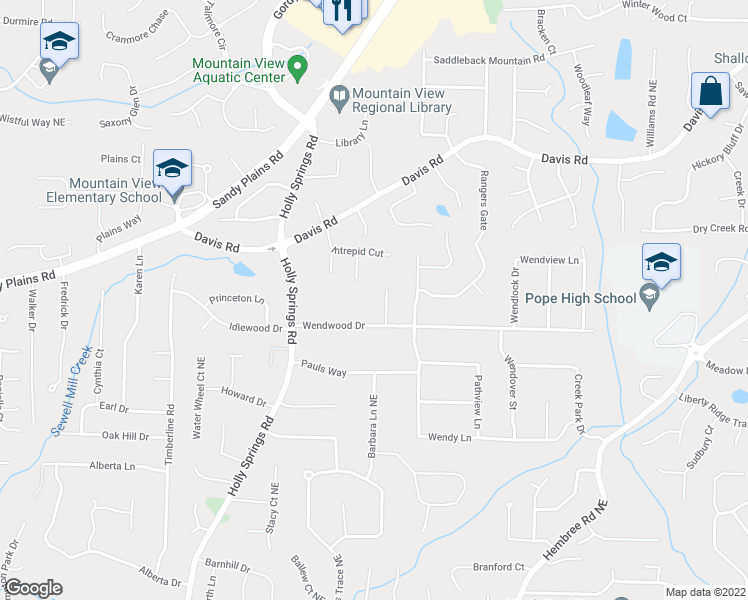 map of restaurants, bars, coffee shops, grocery stores, and more near 3021 Wendwood Court in Marietta