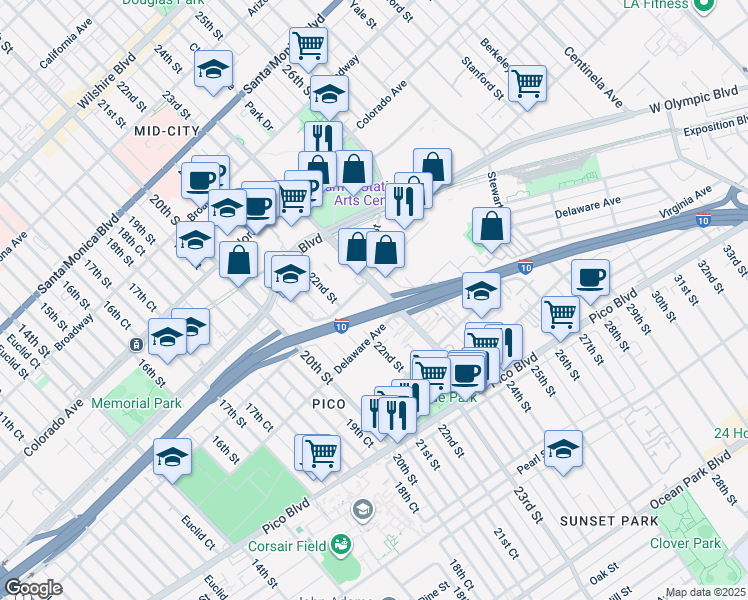 map of restaurants, bars, coffee shops, grocery stores, and more near 1818 Cloverfield Boulevard in Santa Monica