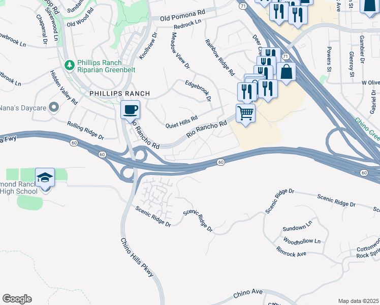 map of restaurants, bars, coffee shops, grocery stores, and more near 42 Brownfield Lane in Pomona