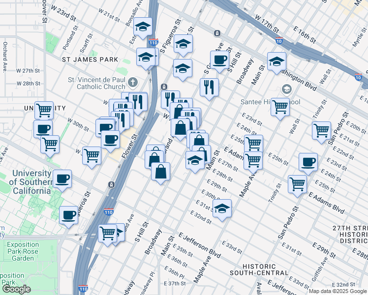 map of restaurants, bars, coffee shops, grocery stores, and more near 2711 South Hill Street in Los Angeles