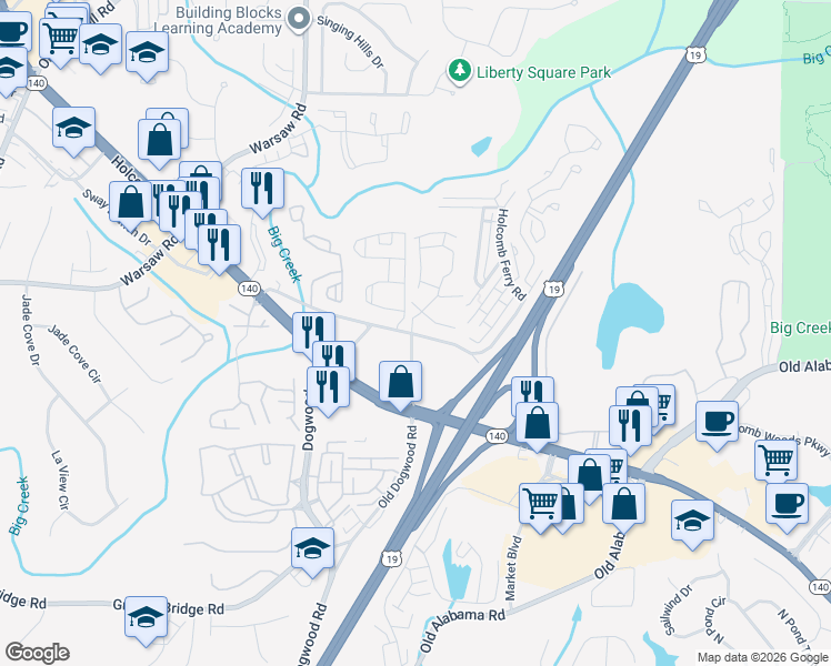 map of restaurants, bars, coffee shops, grocery stores, and more near 861 Old Holcomb Bridge Road in Roswell
