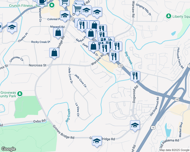 map of restaurants, bars, coffee shops, grocery stores, and more near 6005 Pattingham Drive in Roswell