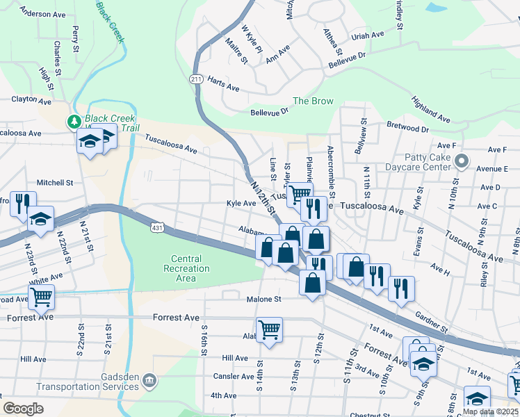 map of restaurants, bars, coffee shops, grocery stores, and more near 1202 Kyle Avenue in Gadsden