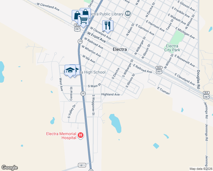 map of restaurants, bars, coffee shops, grocery stores, and more near 510 South Electra in Electra